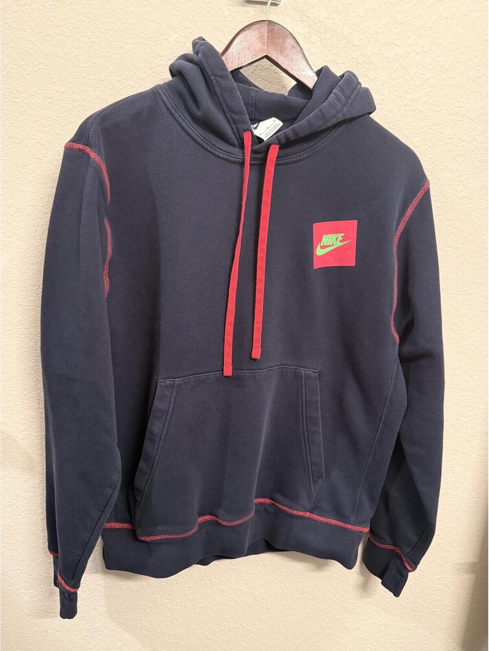 Nike Sportswear Hoodie Mens Medium Navy Pink Green Pullover Sweatshirt Y2K Style